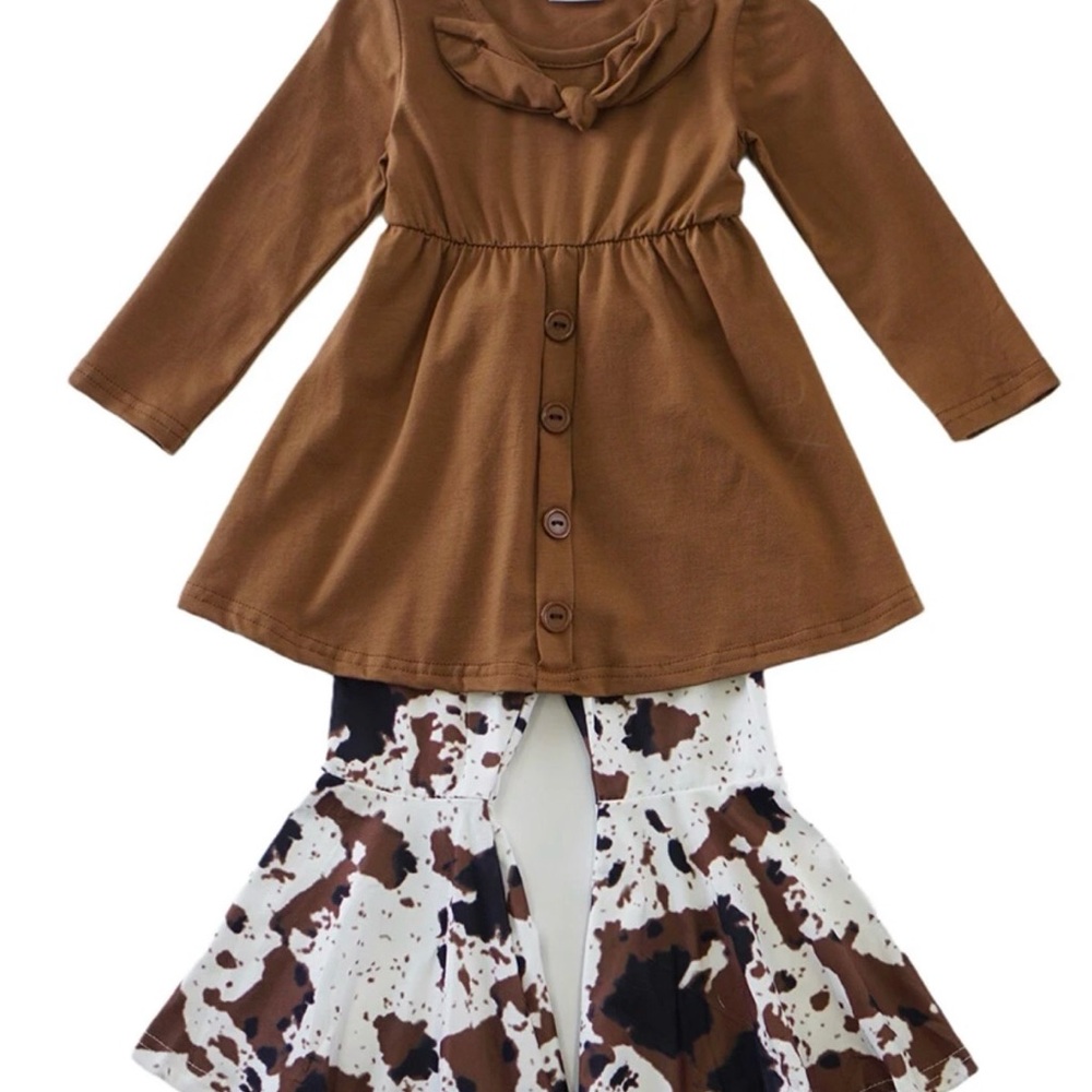 Brown Top with Cow Print Bell Bottoms